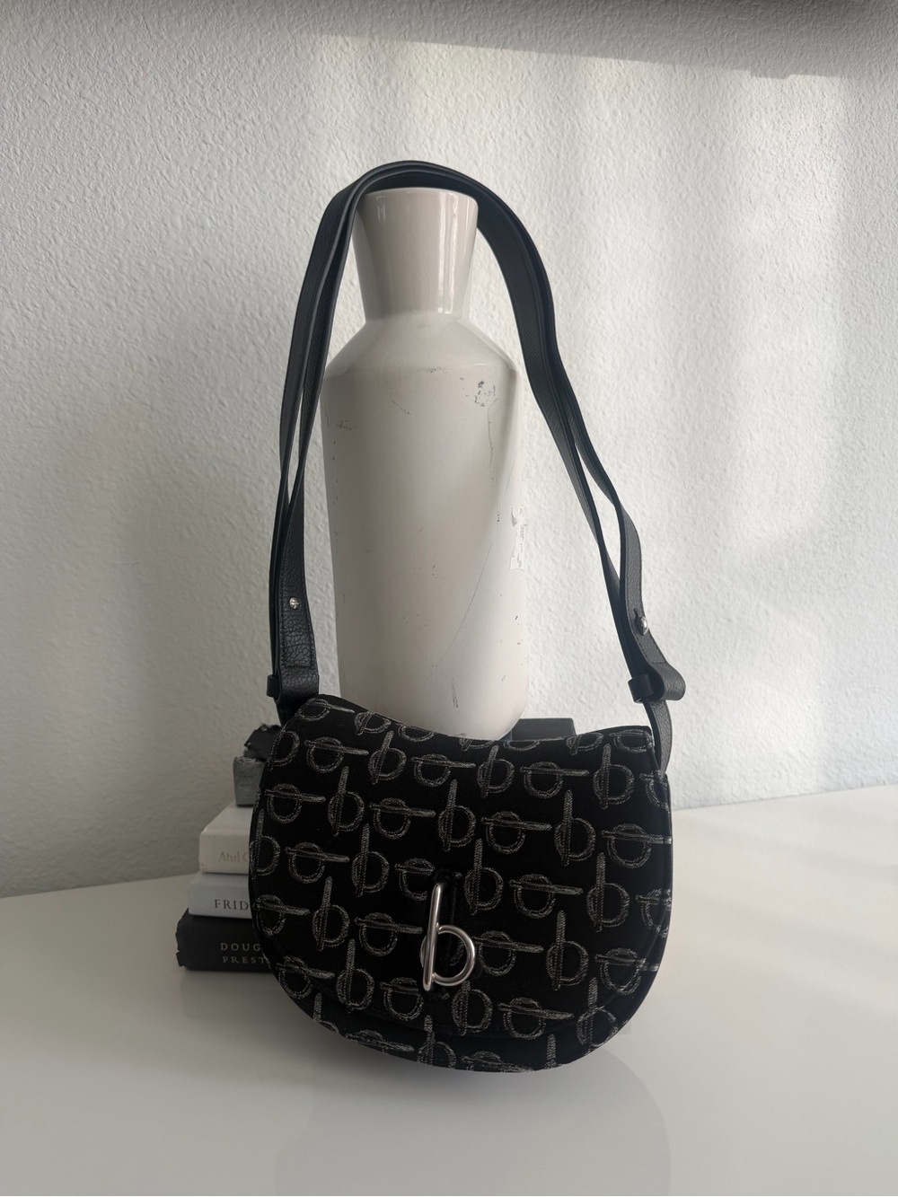 Burberry Mini Rocking Horse Crossbody Bag Black Monogram Jacquard Leather NWT